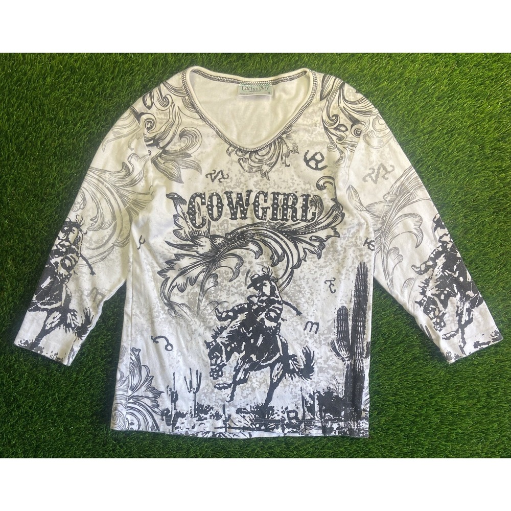 Cactus Bay Women Top Small White Shirt Rhinestones Cowgirl 3/4 Sleeve Scoop Tee